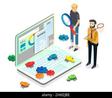 People catching bugs on computer screen, vector isometric illustration. Software testing, quality assurance, debugging. Stock Vector