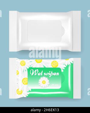 Wet wipes package plastic bag mockups. White blank and chamomile cosmetic napkins, wet tissue in pack with flap, vector. Stock Vector