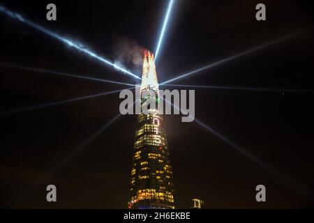 The Shard lights up to ring in 2015 with Western Europe's highest countdown clock. Stock Photo