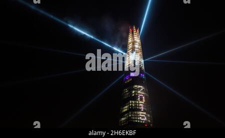 The Shard lights up to ring in 2015 with Western Europe's highest countdown clock. Stock Photo