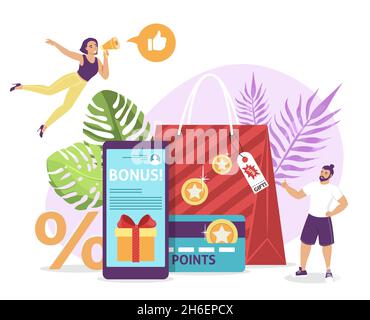 Earn points, bonuses, discount cards for online purchases. Customer reward loyalty program, buyers attraction, vector. Stock Vector