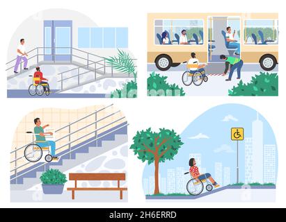 Disabled girl in wheelchair at bus stop, bus with ramp for people with ...
