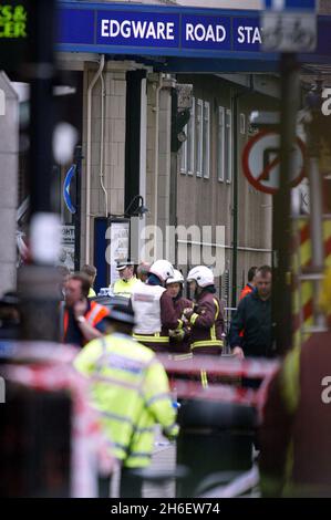 A series of bomb attacks on central London's Transport system killed more than 50 people and injured about over 700 others on 07/07/05. Picture shows : The emergency services at  Edgware Road tube station. Jeff Moore/allactiondigital.com              Stock Photo