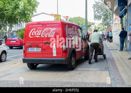 PLASENCIA, SPAIN - May 11, 2021: Coca Cola soft drink van Coke brand logistic deliver soft drinks and products to stores and restaurants Stock Photo