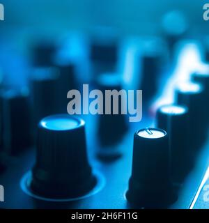 Dj nightclub deejay mixing desk house music on turntables party square album cover design. Stock Photo
