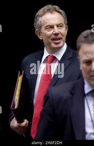 Prime Minister Tony Blair is pictured leaving Downing Street in central London on his way to Prime Minister's Questions in the House of Commons, April 25, 2007. Stock Photo