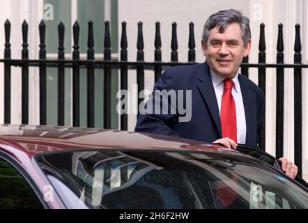 Chancellor Gordon Brown is pictured leaving Downing Street this morning, May 10, 2007, after PM Tony Blair announced his resignation to the cabinet. Stock Photo