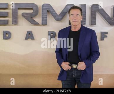 Arnold Schwarzenegger arriving for the Terminator: Dark Fate photocall held at the Mandarin Oriental Hotel, London.   Stock Photo