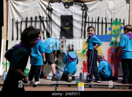 Scouts from around the country, including Chief Scout Peter Duncan, joined PM Tony Blair in Downing Street this afternoon to celebrate their centenary. Stock Photo