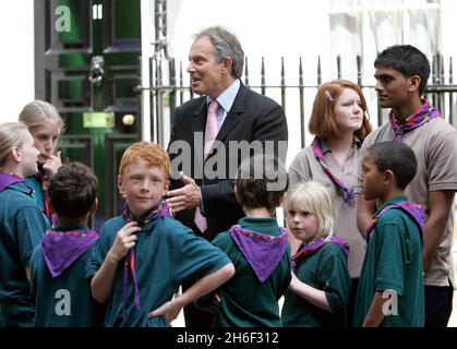 Scouts from around the country, including Chief Scout Peter Duncan, joined PM Tony Blair in Downing Street this afternoon to celebrate their centenary. Stock Photo