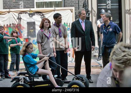 Scouts from around the country, including Chief Scout Peter Duncan, joined PM Tony Blair in Downing Street this afternoon to celebrate their centenary. Stock Photo