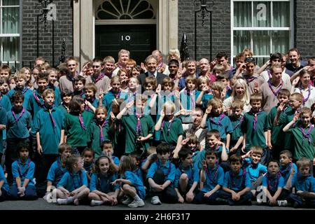 Scouts from around the country, including Chief Scout Peter Duncan, joined PM Tony Blair in Downing Street this afternoon to celebrate their centenary. Stock Photo