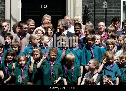 Scouts from around the country, including Chief Scout Peter Duncan, joined PM Tony Blair in Downing Street this afternoon to celebrate their centenary. Stock Photo