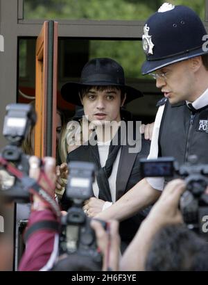 Pete Doherty pictured outside West London Magistrates Court in London. The Babyshambles frontman, was to be sentenced over drugs offences but was released on conditional bail. His case comes up for pre-sentence hearing in September.  Stock Photo