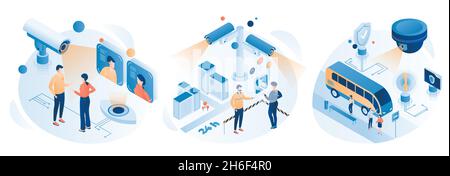 City surveillance video control with street safety cameras CCTV, flat vector isometric illustration. Public security. Stock Vector