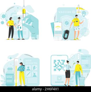 Covid-19 vaccination, its side effects, testing, temperature scanning, travel vaccine passport, vector illustration. Stock Vector