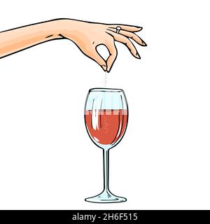 A woman hand pours poison or sleeping pills into a glass of wine. Revenge and murder. Detective story. Vector art illustration hand drawn Stock Vector