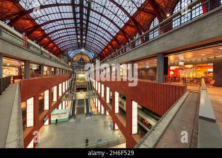 ANTWERP, BELGIUM - MARCH 5, 2020: Antwerpen-Centraal Railway Station main hall dating from 1905.