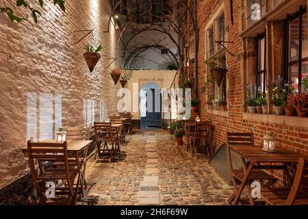 Antwerp, Belgium historic cafes and alleyways in the evening. Stock Photo