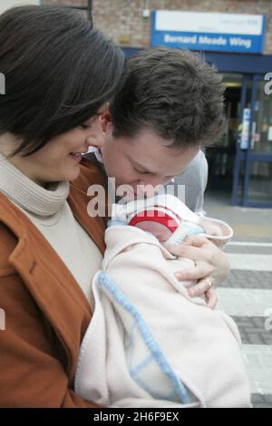 Liberal Democrat Leader Nick Clegg with his wife Miriam Gonzalez Durantez holding their new son, Miguel, who is their third child, leaving Kingston Hospital, in Surrey Stock Photo