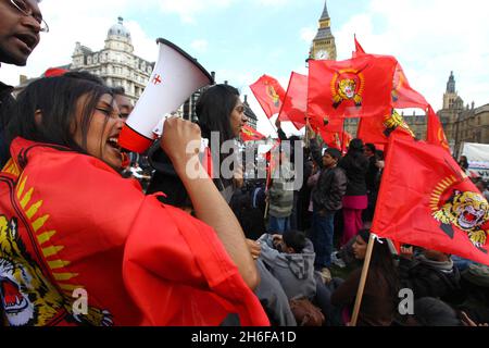 Tamil demonstrators refuse to leave Westminster as they protested against the Sri Lankan government's offensive against Tamil Tiger rebels and alleged human rights abuses. Stock Photo