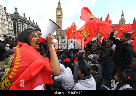 Tamil demonstrators refuse to leave Westminster as they protested against the Sri Lankan government's offensive against Tamil Tiger rebels and alleged human rights abuses. Stock Photo