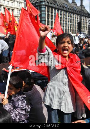 Tamil demonstrators refuse to leave Westminster as they protested against the Sri Lankan government's offensive against Tamil Tiger rebels and alleged human rights abuses. Stock Photo