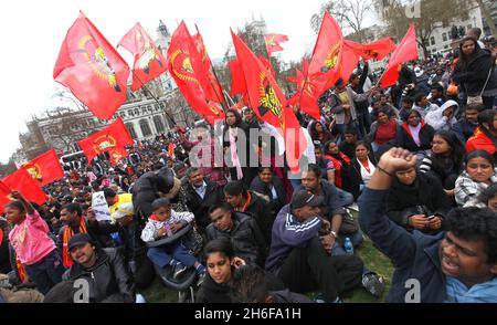 Tamil demonstrators refuse to leave Westminster as they protested against the Sri Lankan government's offensive against Tamil Tiger rebels and alleged human rights abuses. Stock Photo