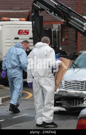 Investigations get underway at the scene close to the Olympic site in Stratford, East London, where a police officer sustanined serious head injuries following an incident involving burglary suspects Stock Photo