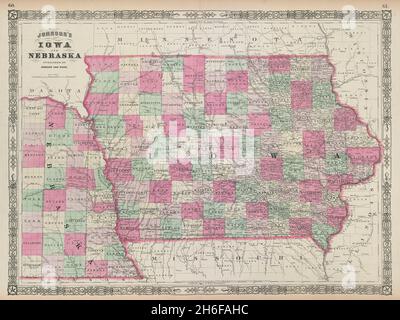 Johnson's Iowa & Nebraska. US state map showing counties 1865 old antique Stock Photo