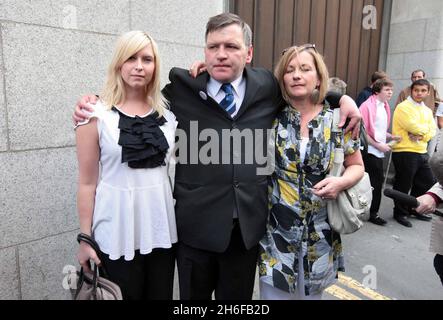 Brooke Kinsella with mother Deborah and father George Kinsella outside court for the sentencing of his Ben Kinsella's killers Juress Kika, Michael Alleyne and Jade Braithwaite at the Old Bailey this morning. Stock Photo