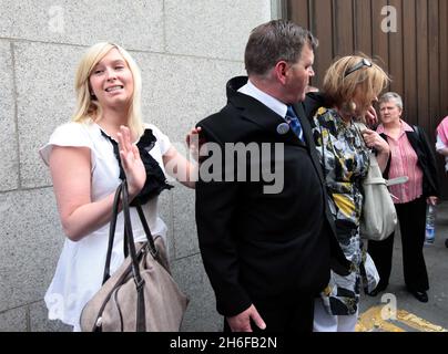 Brooke Kinsella with mother Deborah and father George Kinsella outside court for the sentencing of his Ben Kinsella's killers Juress Kika, Michael Alleyne and Jade Braithwaite at the Old Bailey this morning. Stock Photo