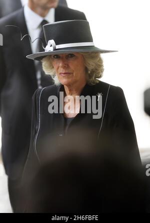 Camilla, The Duchess of Cornwall arrives at the funeral of Lieutenant Colonel Rupert Thorneloe, who was killed in Afghanistan on July 1, London Stock Photo