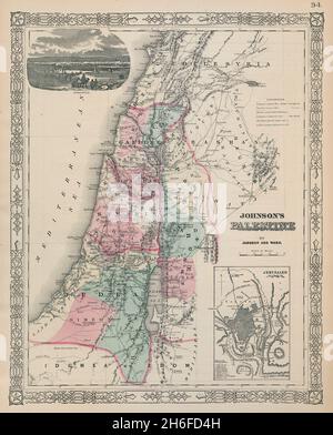 Johnson's Palestine. Jerusalem Damascus. 12 tribes of Israel. Holy Land 1865 map Stock Photo