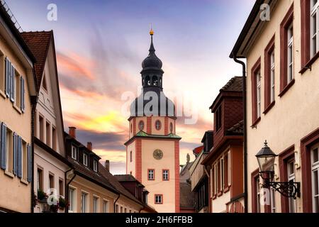 Cityscape of Ettlingen with church at sunset, Baden-Württemberg, Germany, Europe Stock Photo