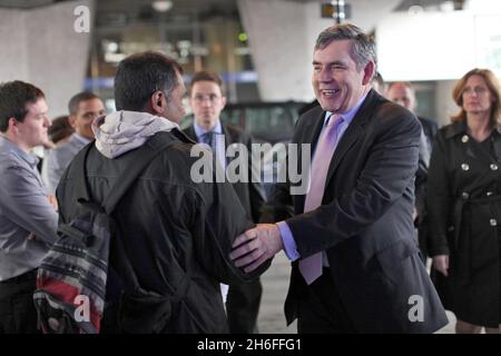 Prime Minister Gordon Brown arrives to give an election campaign speech at Centre Point building, London Stock Photo