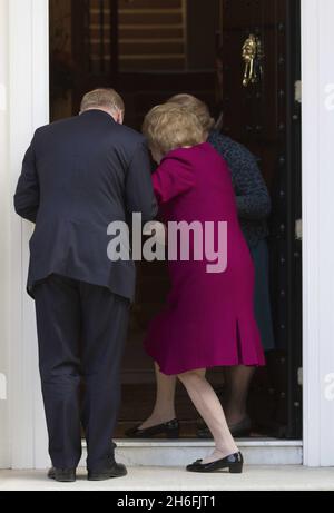 Baroness Margaret Thatcher pictured outside her London home this afternoon after leaving hospital. The Former prime minister spent almost two weeks at the Cromwell hospital after being admitted with the flu. Stock Photo