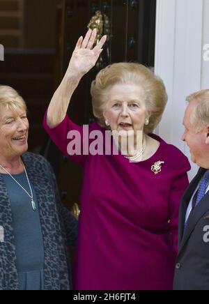 Baroness Margaret Thatcher pictured outside her London home this afternoon after leaving hospital. The Former prime minister spent almost two weeks at the Cromwell hospital after being admitted with the flu. Stock Photo