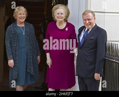 Baroness Margaret Thatcher pictured outside her London home this afternoon after leaving hospital. The Former prime minister spent almost two weeks at the Cromwell hospital after being admitted with the flu. Stock Photo