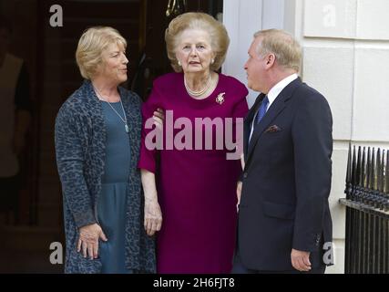 Baroness Margaret Thatcher pictured outside her London home this afternoon after leaving hospital. The Former prime minister spent almost two weeks at the Cromwell hospital after being admitted with the flu. Stock Photo