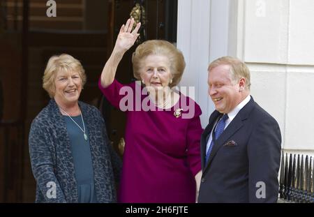 Baroness Margaret Thatcher pictured outside her London home this afternoon after leaving hospital. The Former prime minister spent almost two weeks at the Cromwell hospital after being admitted with the flu. Stock Photo