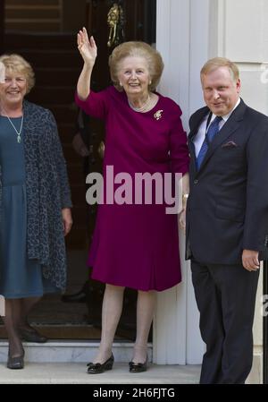 Baroness Margaret Thatcher pictured outside her London home this afternoon after leaving hospital. The Former prime minister spent almost two weeks at the Cromwell hospital after being admitted with the flu. Stock Photo