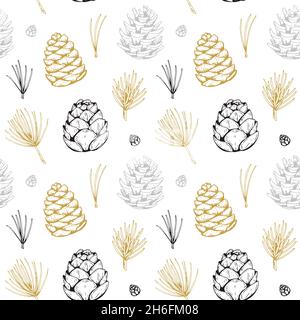 Hand drawn Christmas and New Year pattern with golden cones and needles. Vector illustration in sketch style Stock Vector