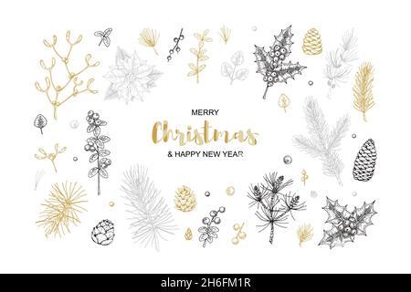 Set of hand drawn Christmas decoration elements. Vector illustration in sketch style Stock Vector