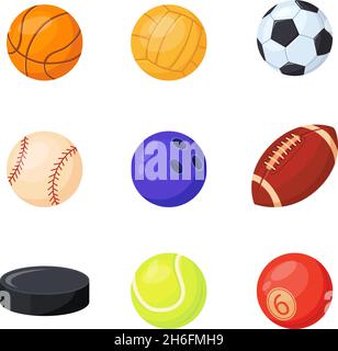 Sports balls. Kit of equipment for games, hockey, soccer, baseball, basketball, rugby and billiard, tennis bowling, football set, neat flat vector. Illustration of basketball and baseball game ball Stock Vector
