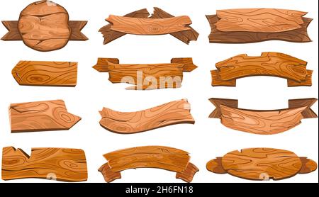Set wooden rustic banner, ribbon in cartoon style isolated on white ...