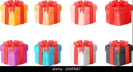 3d color giftbox. Present gift boxes icon, closed pink orange purple red prize, soft bow birthday surprise, set realistic minimal design tidy isolated vector illustration. Gift 3d surprise collection Stock Vector