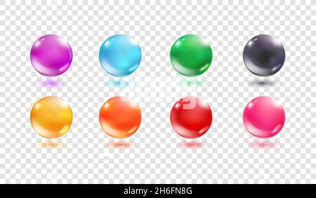 Colorful glass orbs. 3d sphere realistic transparent crystal ball, circle glossy bubble, translucent oil collagen water drop, bead color orange pink red blue vector illustration glass circle sphere Stock Vector