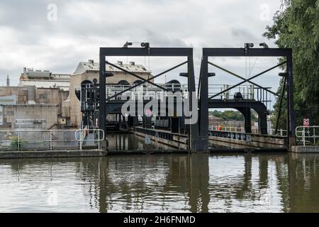 Upper level Anderton boat lift from Trent and Mersey canal Northwich Cheshire 2021