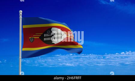 Kingdom of Eswatini aka Swaziland national flag, waving in the wind. 3d rendering, CGI Stock Photo